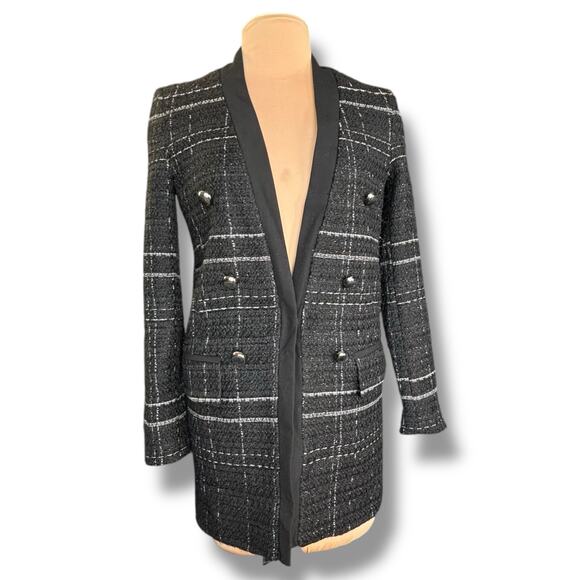 Zara Black Checked Tweed Longline Frock Coat Blazer Jacket Women’s XS Boucle - Picture 10 of 10